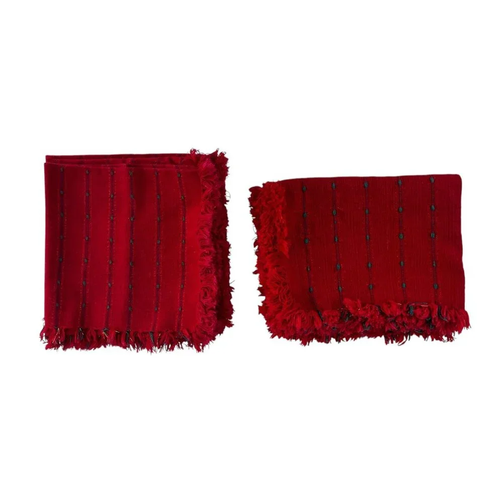 Set Of 4 Handmade Woven Red Placemats & Napkins Fringe Edges & Green Accent